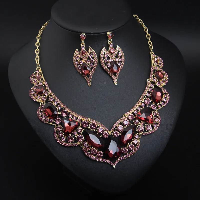 American exaggerated gemstone collarbone necklace earrings set dress banquet fashion women's accessories