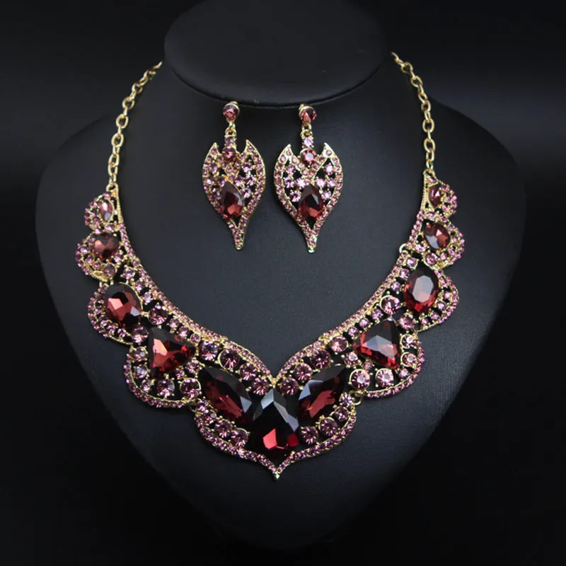 American exaggerated gemstone collarbone necklace earrings set dress banquet fashion women's accessories