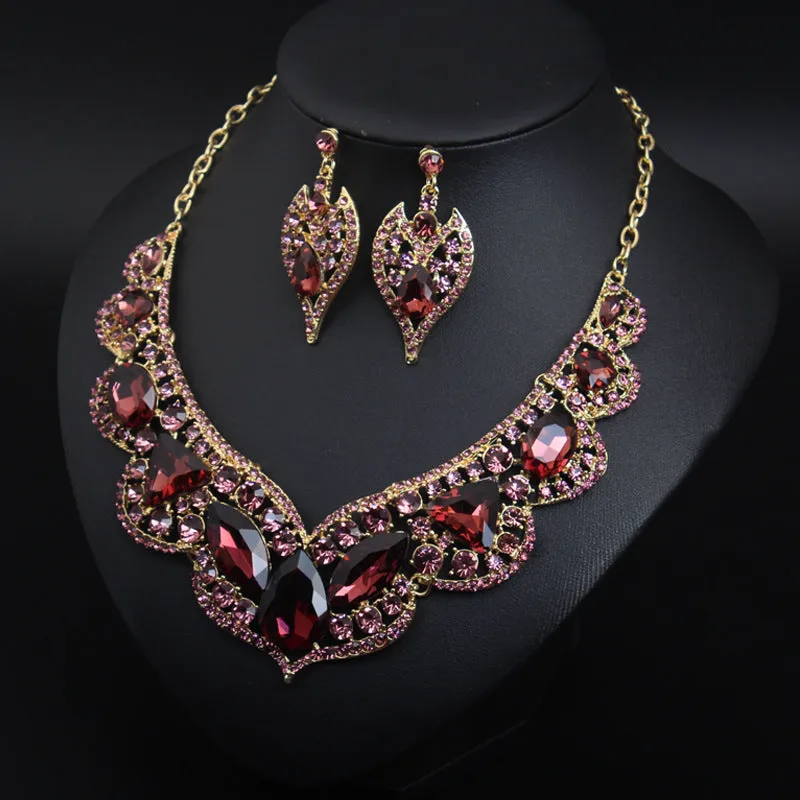 American exaggerated gemstone collarbone necklace earrings set dress banquet fashion women's accessories