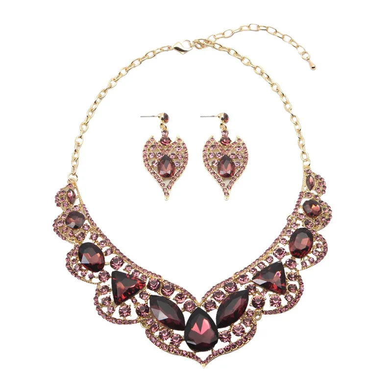 American exaggerated gemstone collarbone necklace earrings set dress banquet fashion women's accessories