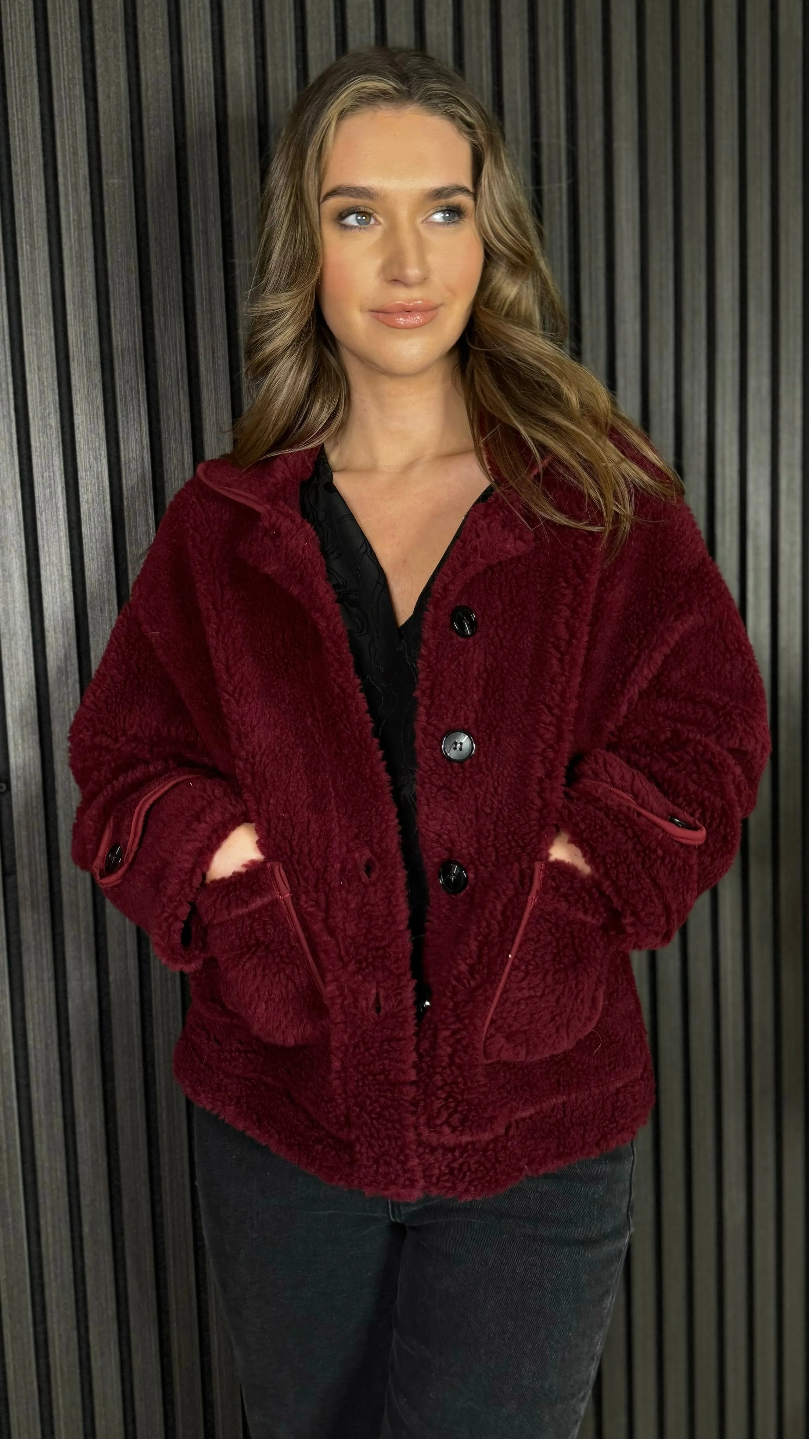 Anna Burgundy Fleece Detail Collared Jacket