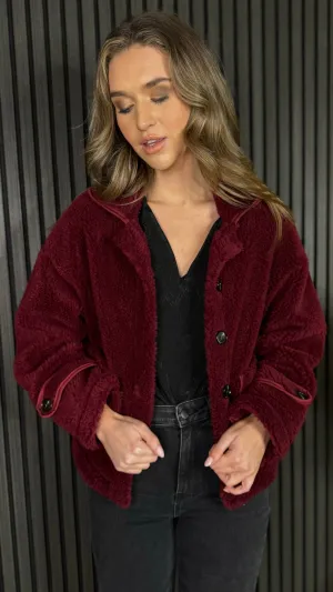 Anna Burgundy Fleece Detail Collared Jacket