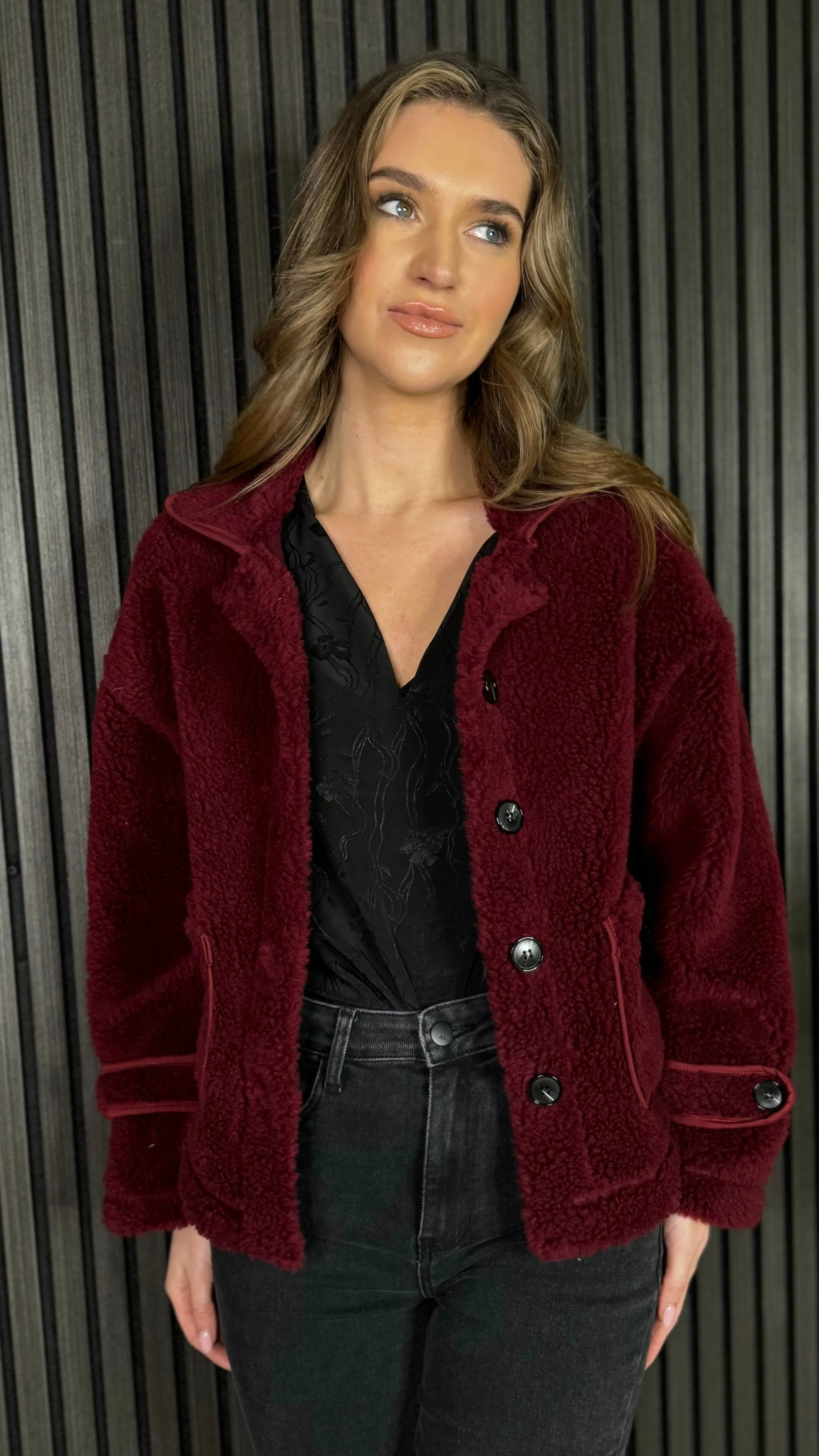 Anna Burgundy Fleece Detail Collared Jacket