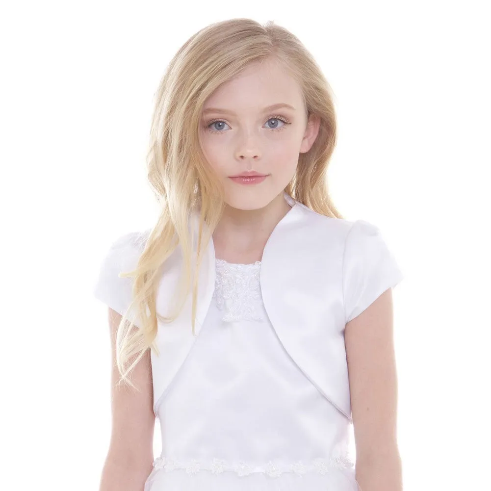 Big Girls White Satin High Collar Elegant Classic Bolero 8-18