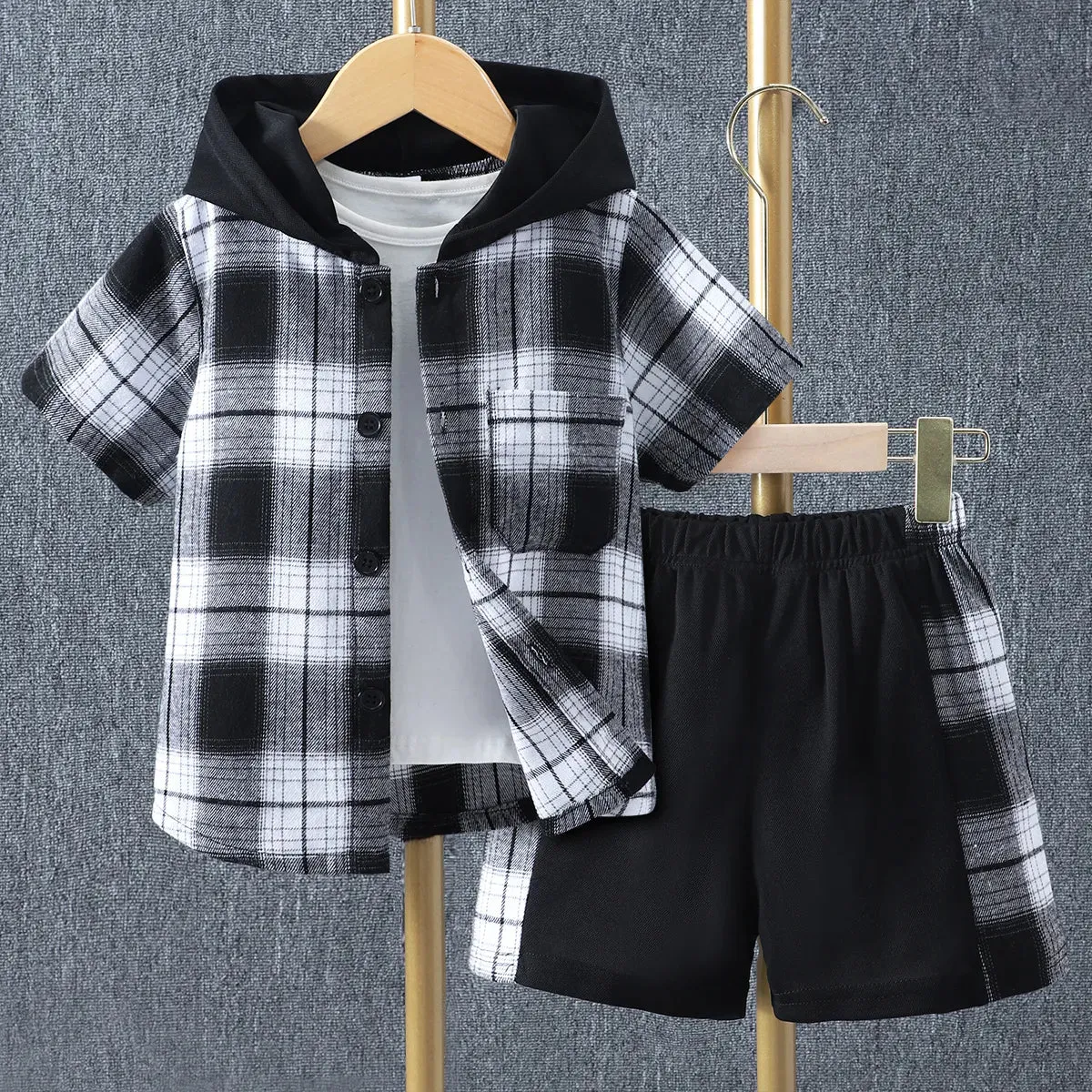 Boys Short Sleeve Hooded Shirt short Kid 2Pcs Outfit*