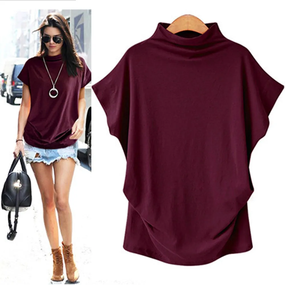 Casual Fashionable Women's Turtleneck Short Sleeve Cotton Blouse