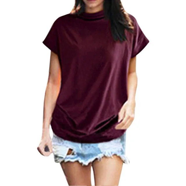 Casual Fashionable Women's Turtleneck Short Sleeve Cotton Blouse