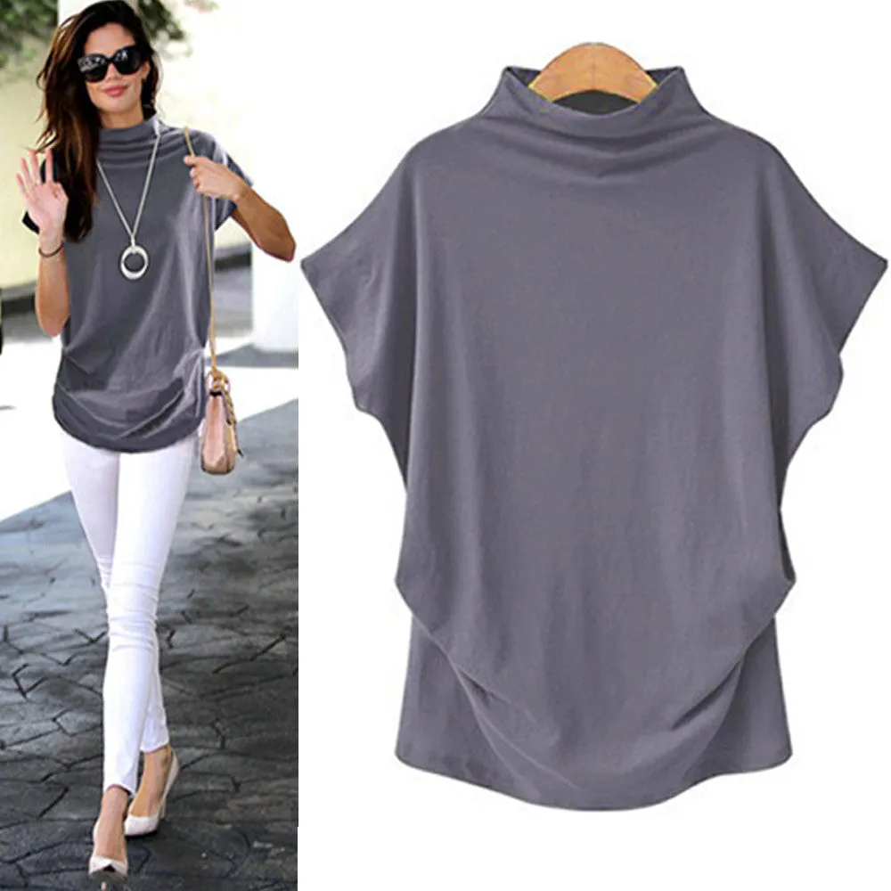 Casual Fashionable Women's Turtleneck Short Sleeve Cotton Blouse