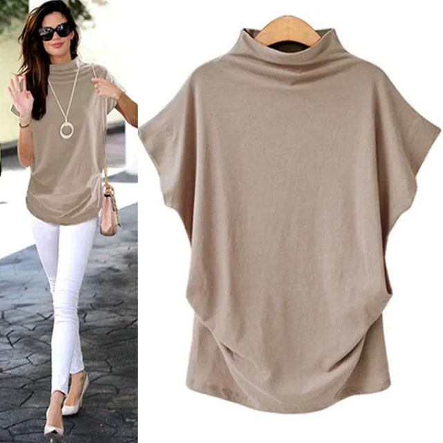 Casual Fashionable Women's Turtleneck Short Sleeve Cotton Blouse