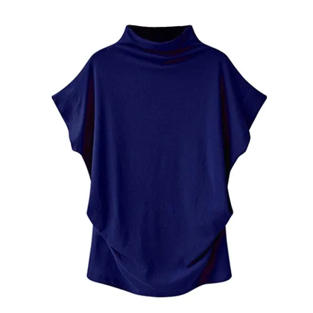 Casual Fashionable Women's Turtleneck Short Sleeve Cotton Blouse