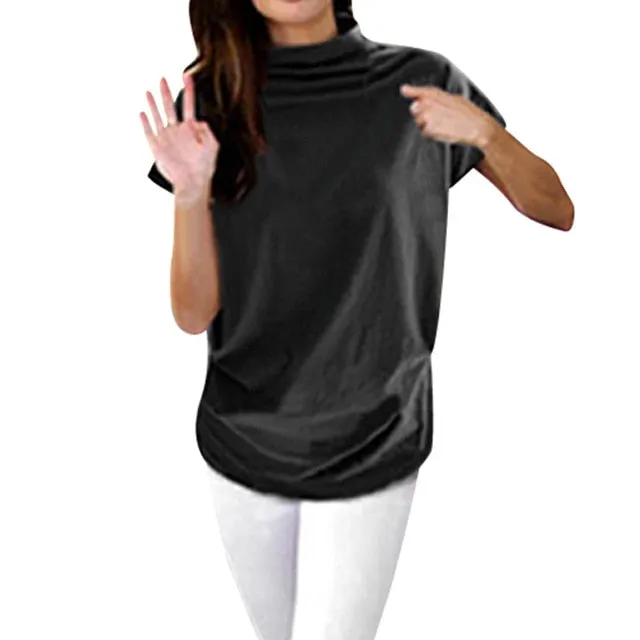 Casual Fashionable Women's Turtleneck Short Sleeve Cotton Blouse