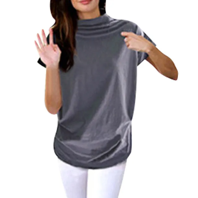 Casual Fashionable Women's Turtleneck Short Sleeve Cotton Blouse