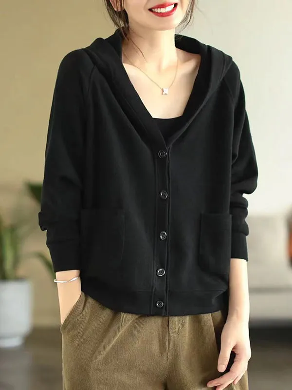 Casual Long Sleeves Loose Buttoned Solid Color Hooded Knitting Outerwear