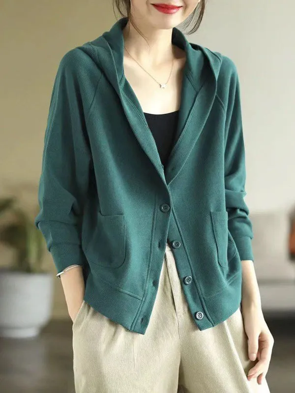 Casual Long Sleeves Loose Buttoned Solid Color Hooded Knitting Outerwear