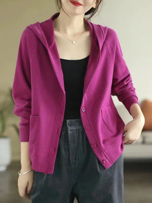 Casual Long Sleeves Loose Buttoned Solid Color Hooded Knitting Outerwear