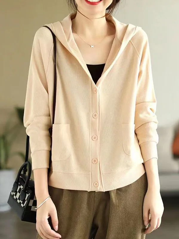 Casual Long Sleeves Loose Buttoned Solid Color Hooded Knitting Outerwear