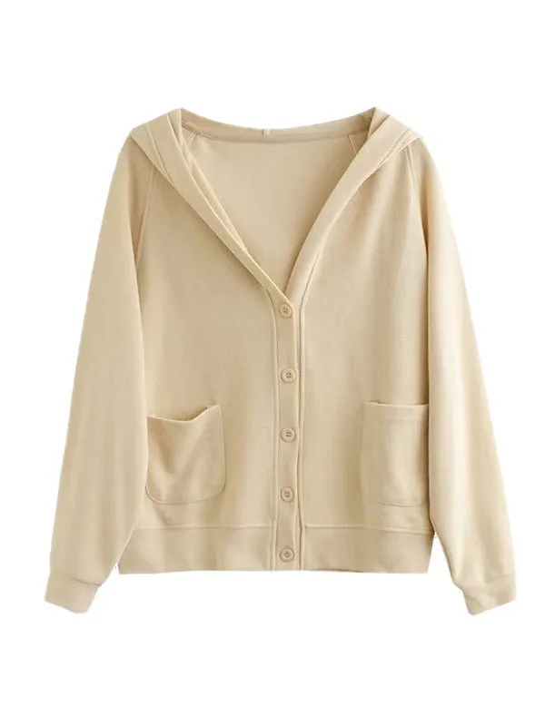 Casual Long Sleeves Loose Buttoned Solid Color Hooded Knitting Outerwear