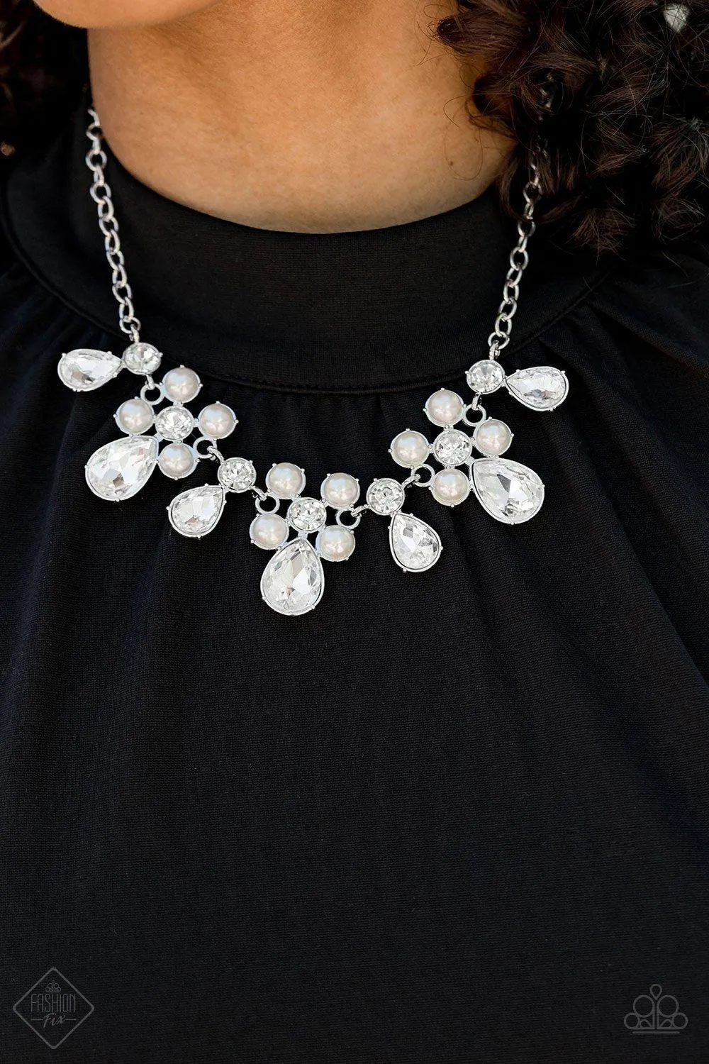 Demurely Debutante White Pearl and Rhinestone Necklace - Paparazzi Accessories