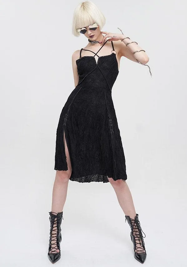 Devil Fashion Gothic Lace Slip Dress - Black with Harness Straps and Side Slits