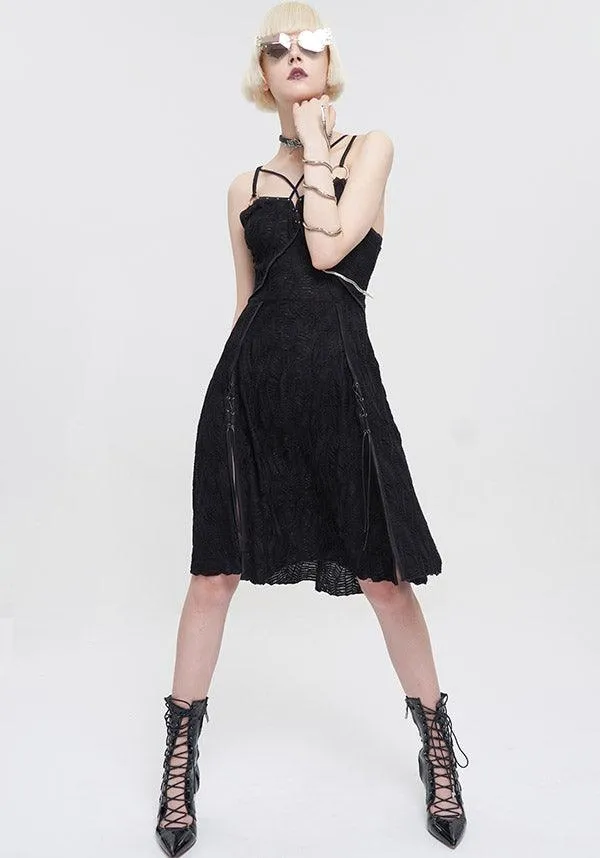 Devil Fashion Gothic Lace Slip Dress - Black with Harness Straps and Side Slits