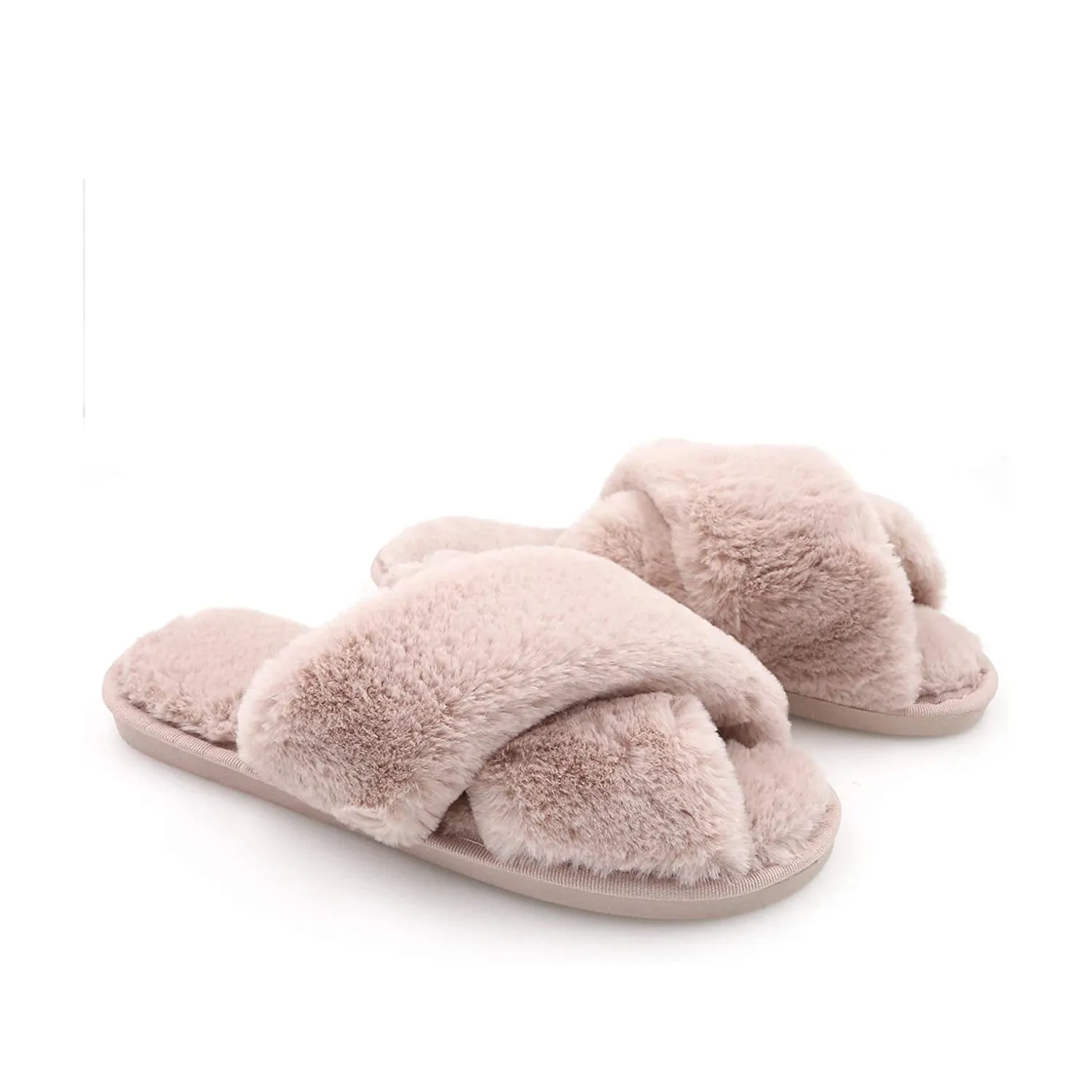 FLOOF Women's Cozy Cross Faux Fur Slippers in Pink