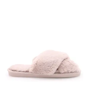 FLOOF Women's Cozy Cross Faux Fur Slippers in Pink