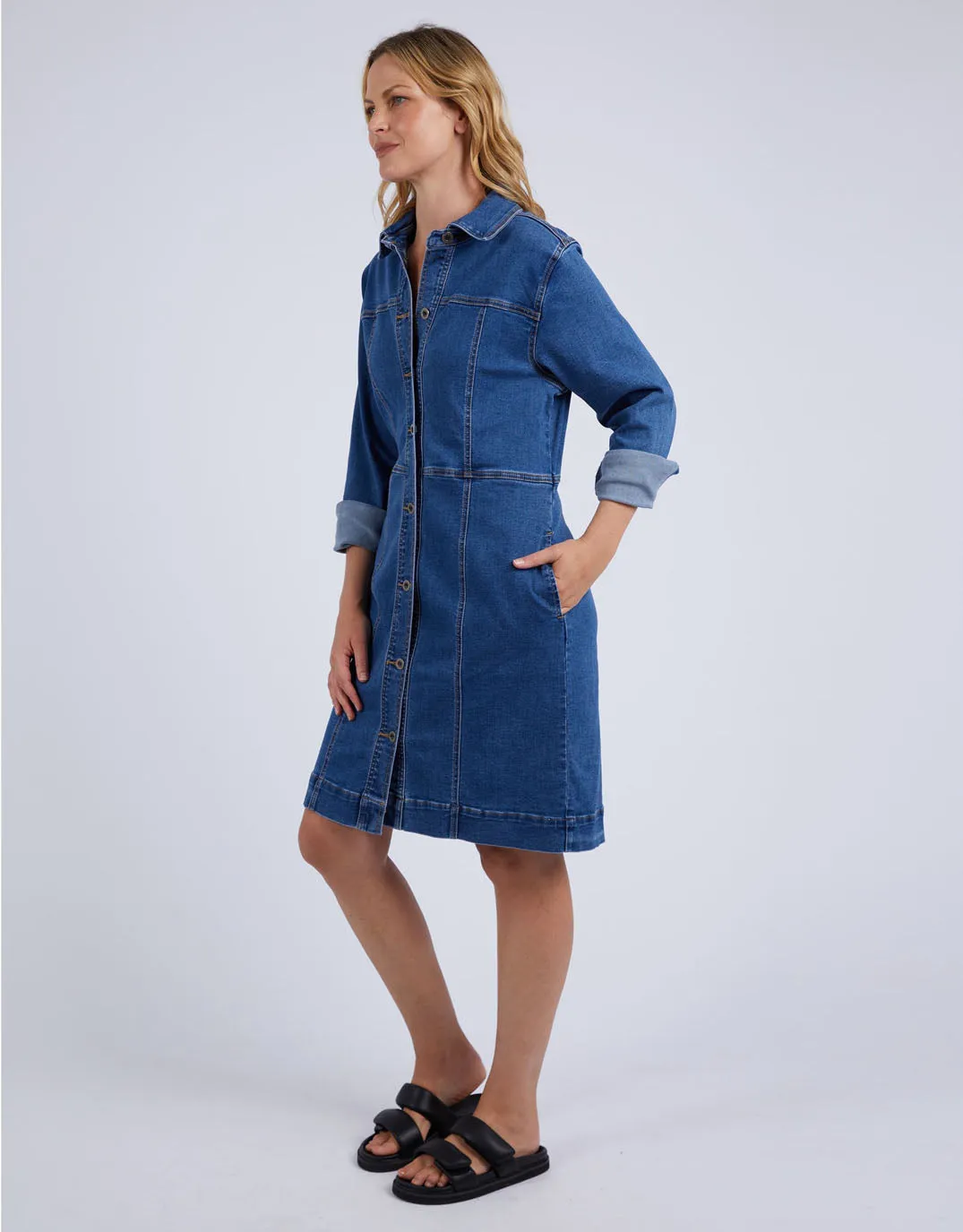 Gwen Long Sleeve Denim Dress - Mid Blue Wash