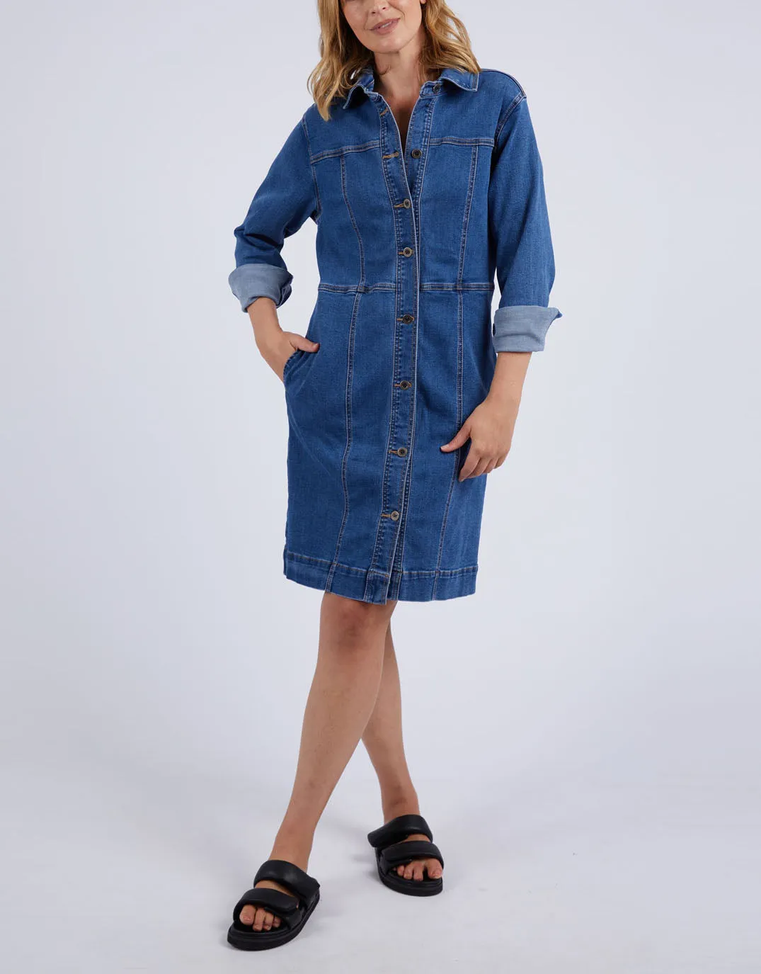 Gwen Long Sleeve Denim Dress - Mid Blue Wash