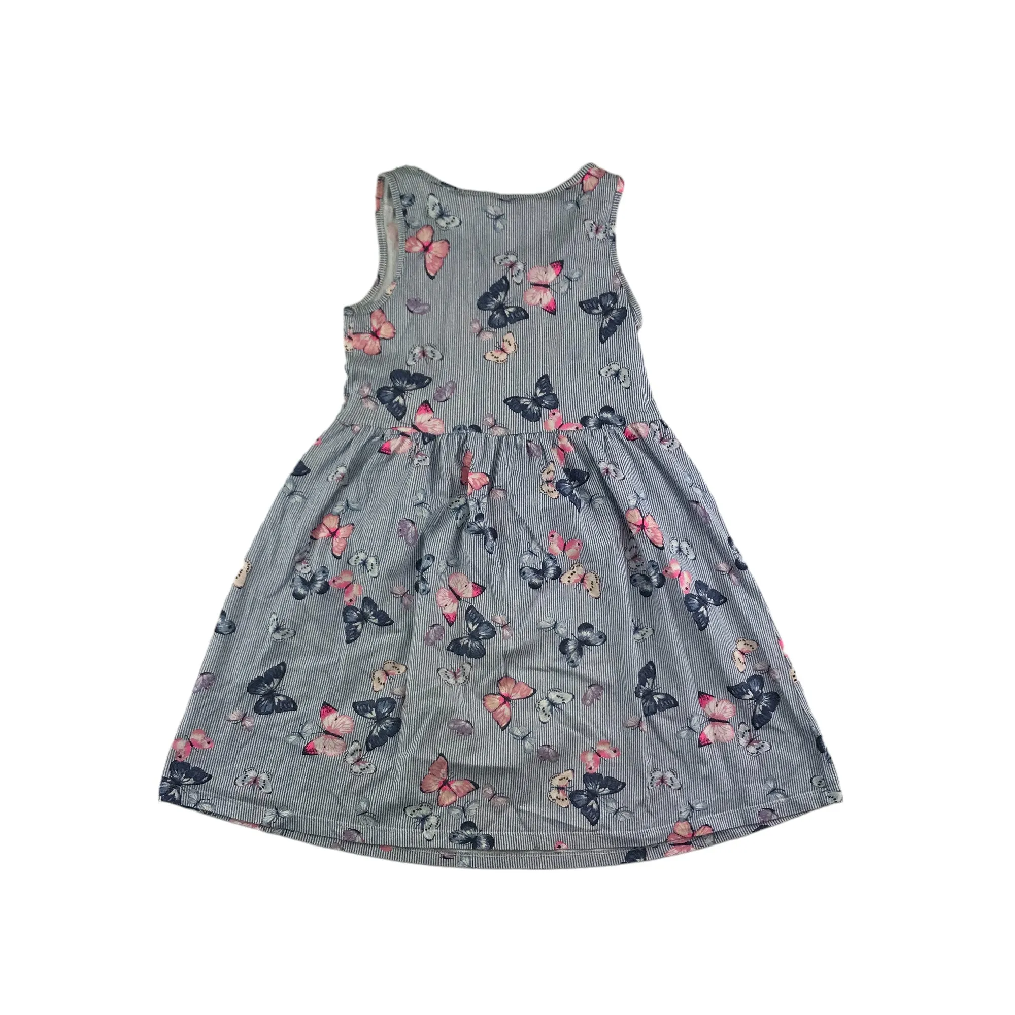 H&M Dress Age 7 Blue Stripe Butterfly Print Cotton