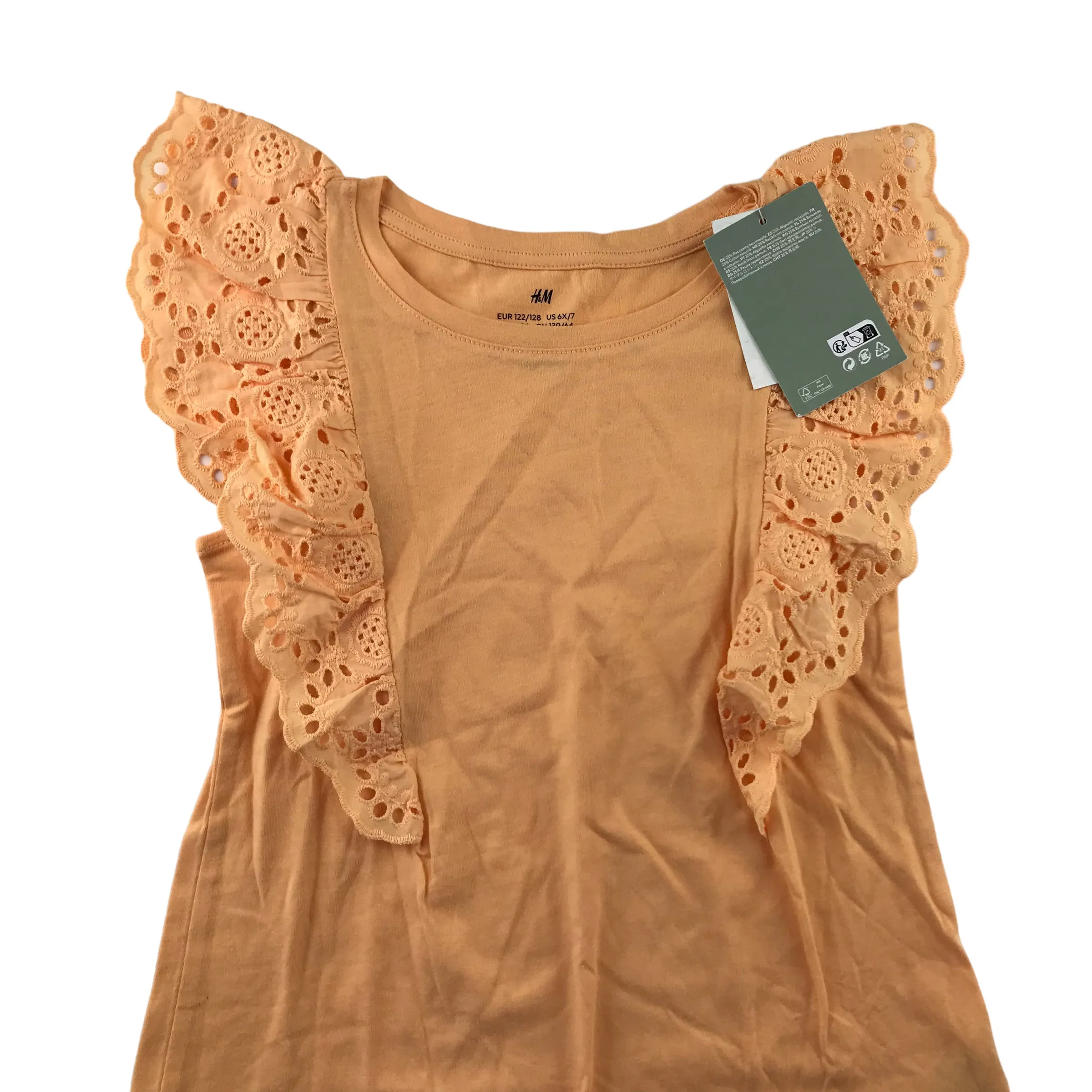 H&M top 6-8 years peachy orange lace style sleeveless butterfly frills cotton