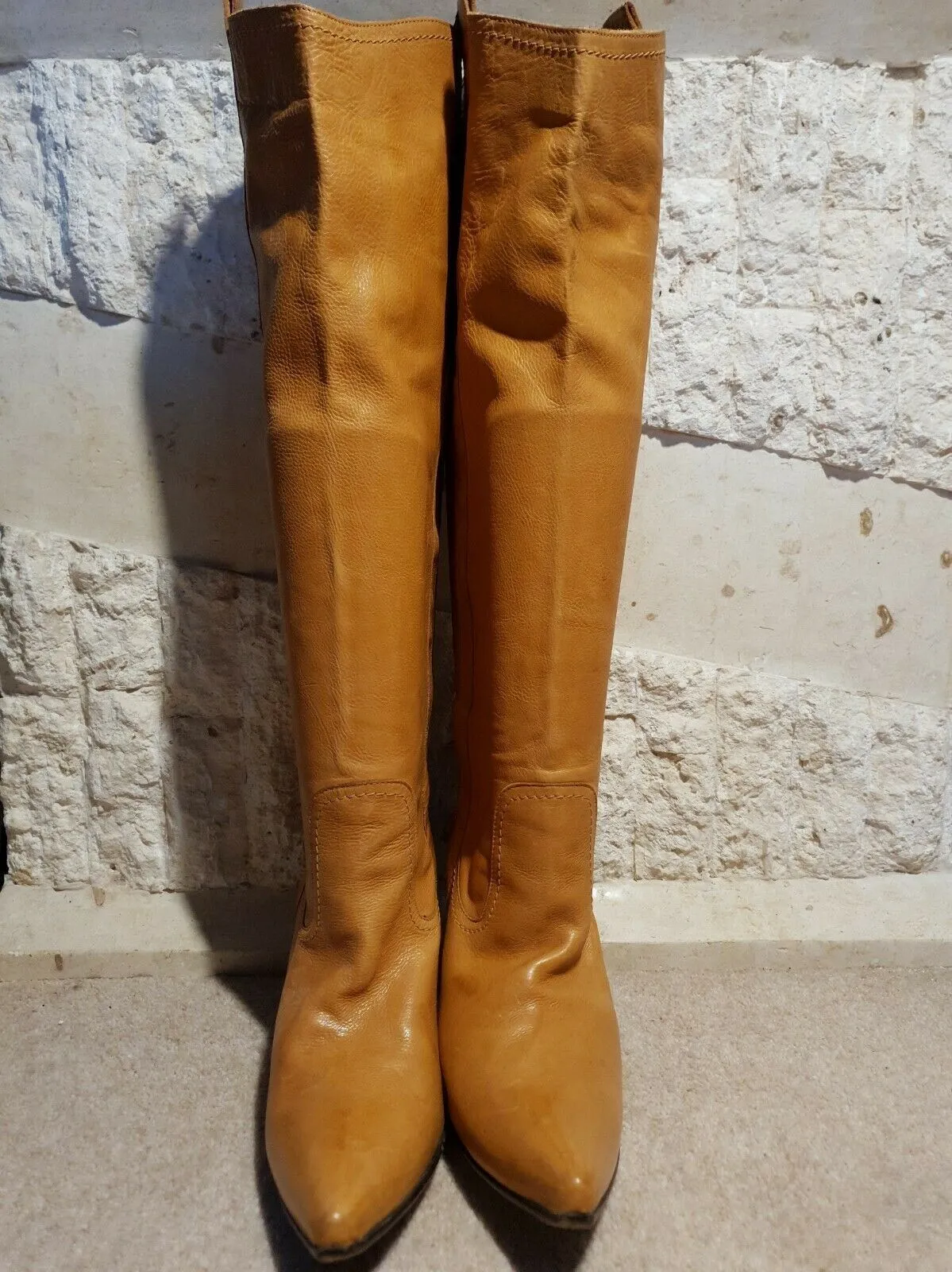 L'AutreChose Vintage Yellow Tan Leather High Heel Boots UK 5.5 US 8 EU 38.5