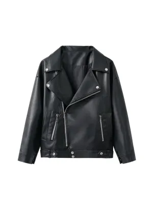 LOOSE PU FAUX LEATHER JACKET WOMEN CLASSIC MOTO BIKER JACKET