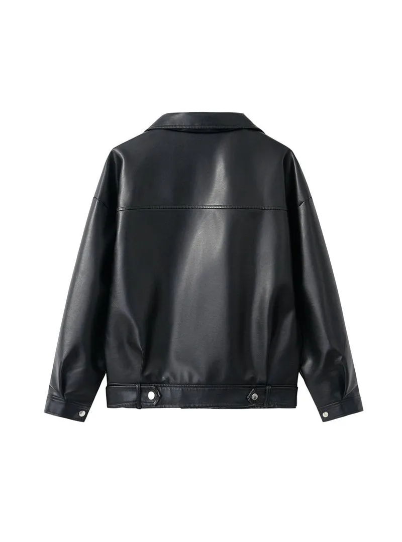 LOOSE PU FAUX LEATHER JACKET WOMEN CLASSIC MOTO BIKER JACKET