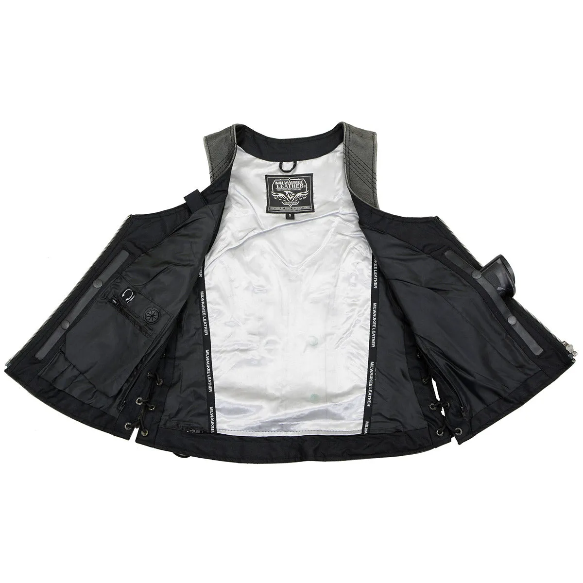 Milwaukee Leather Women's V-Neck Distress Grey Premium Leather Motorcycle Rider Vest w/ Side Laces MLL4531