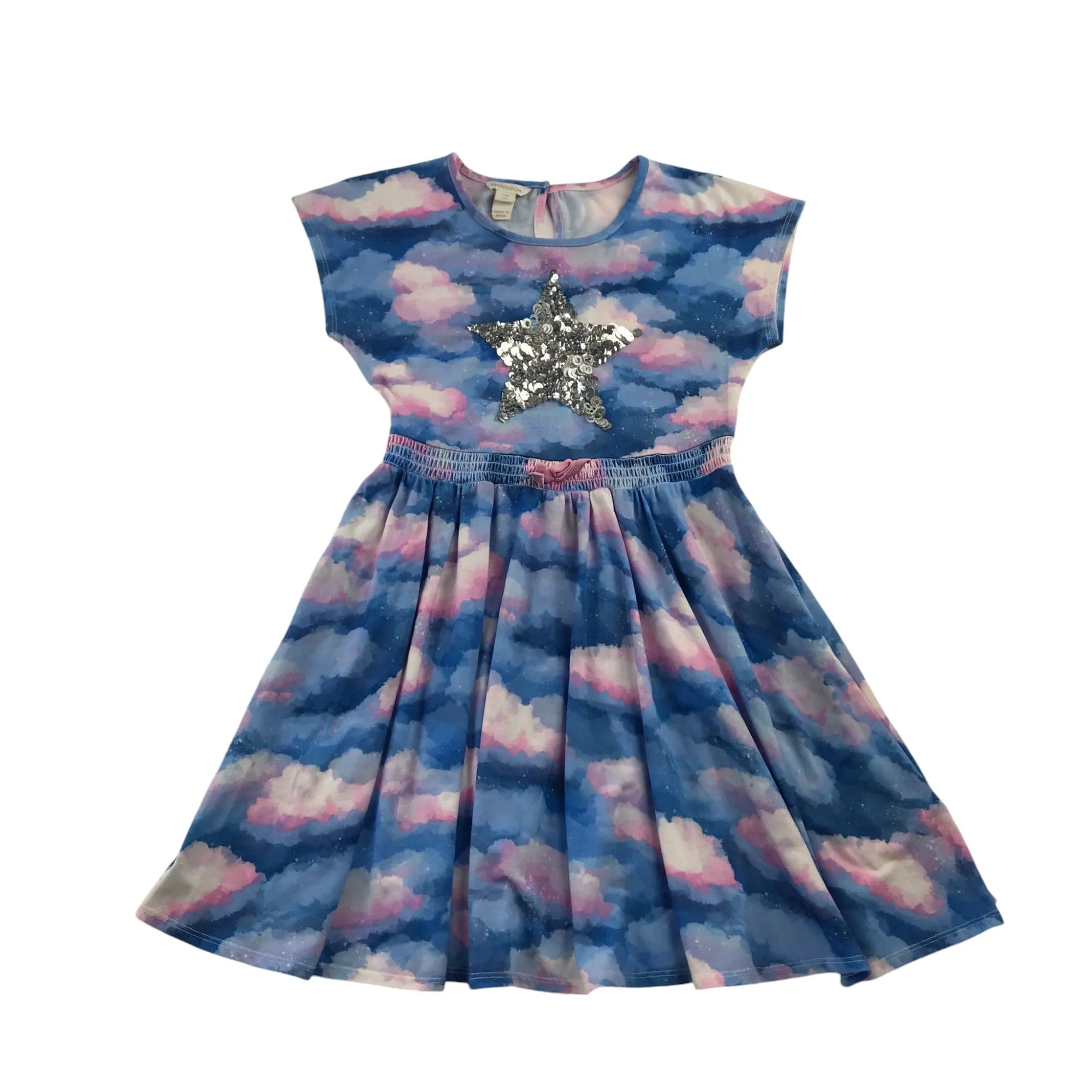 Monsoon dress 9-10 years blue and pink cloud pattern sequin star