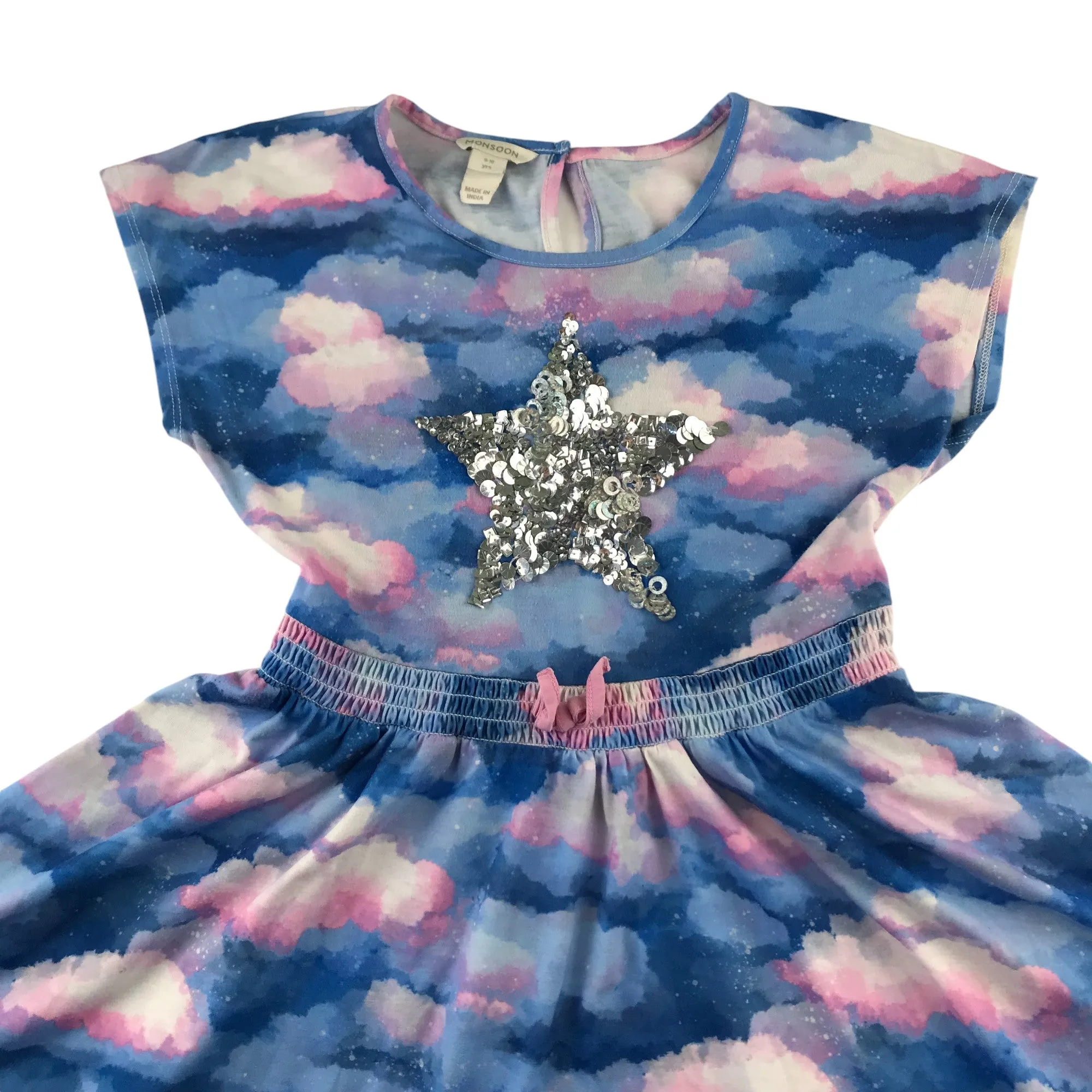 Monsoon dress 9-10 years blue and pink cloud pattern sequin star