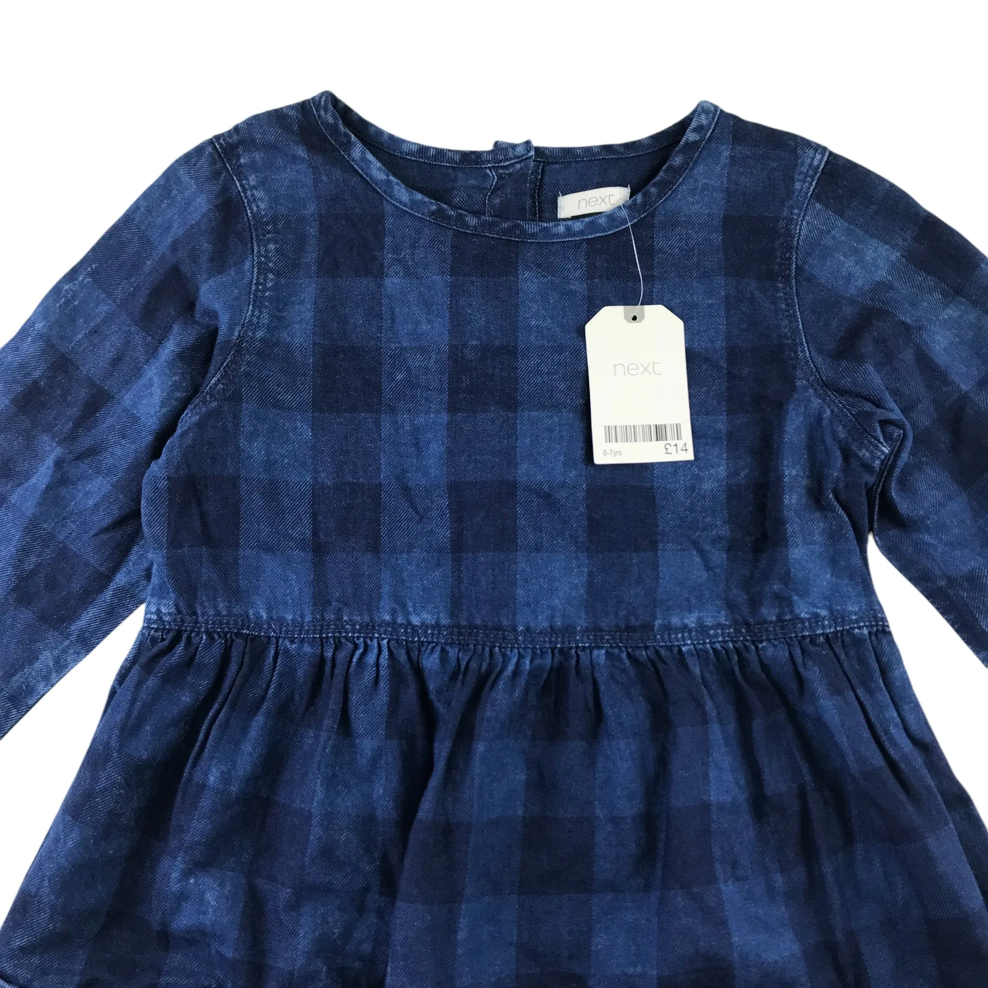 Next dress 6-7 years blue check pattern long sleeve denim style cotton