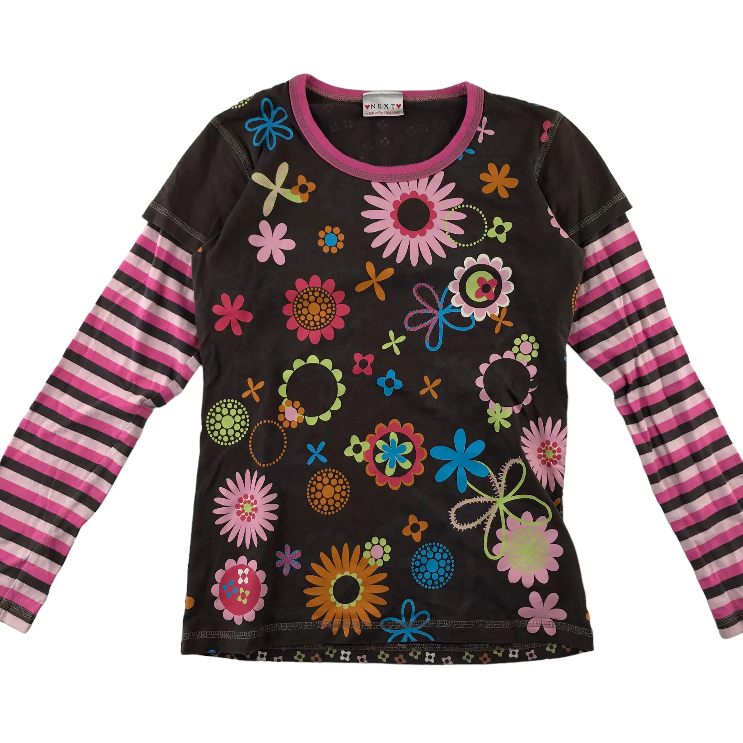 Next t-shirt 11-12 years brown floral and stripy y2k style cotton