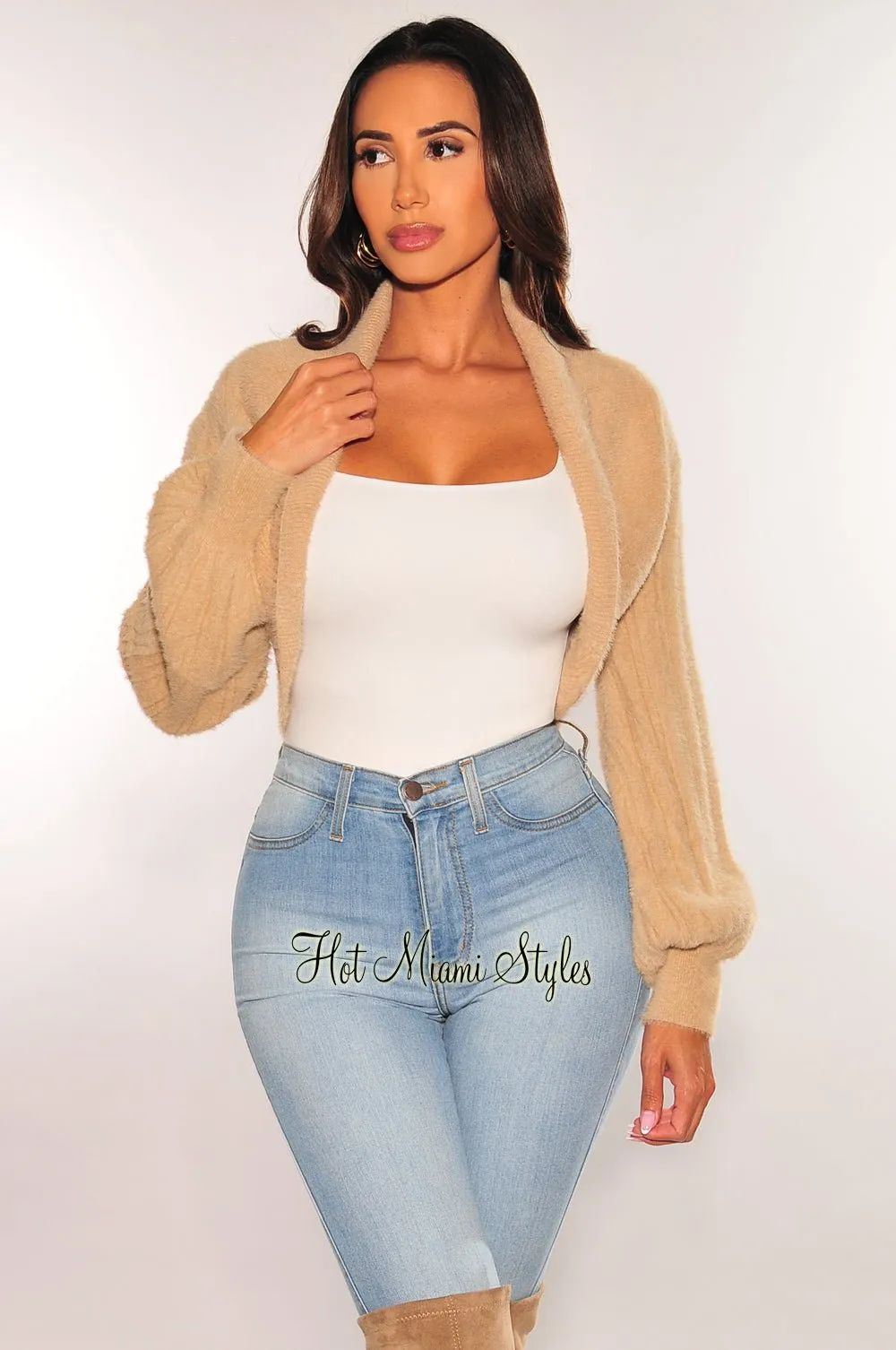 Nude Fuzzy Long Sleeve Crop Shrug Sweater