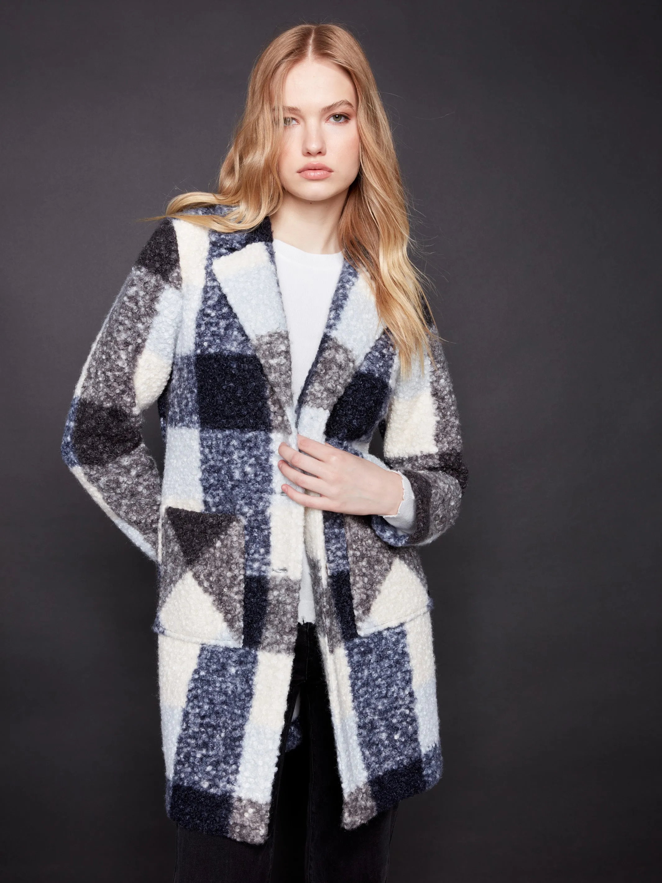 Plaid Bouclé Knit Coat - Navy