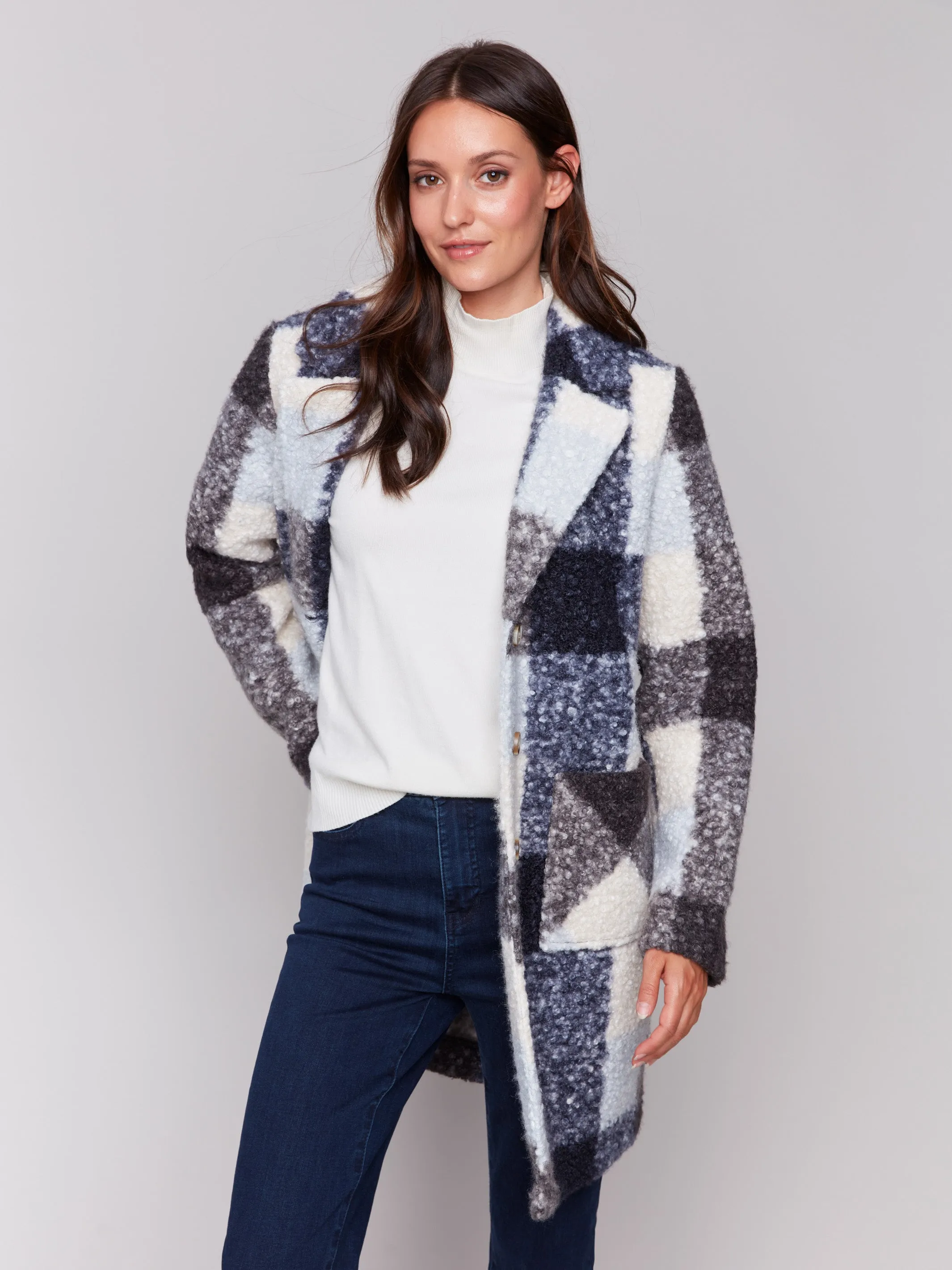 Plaid Bouclé Knit Coat - Navy