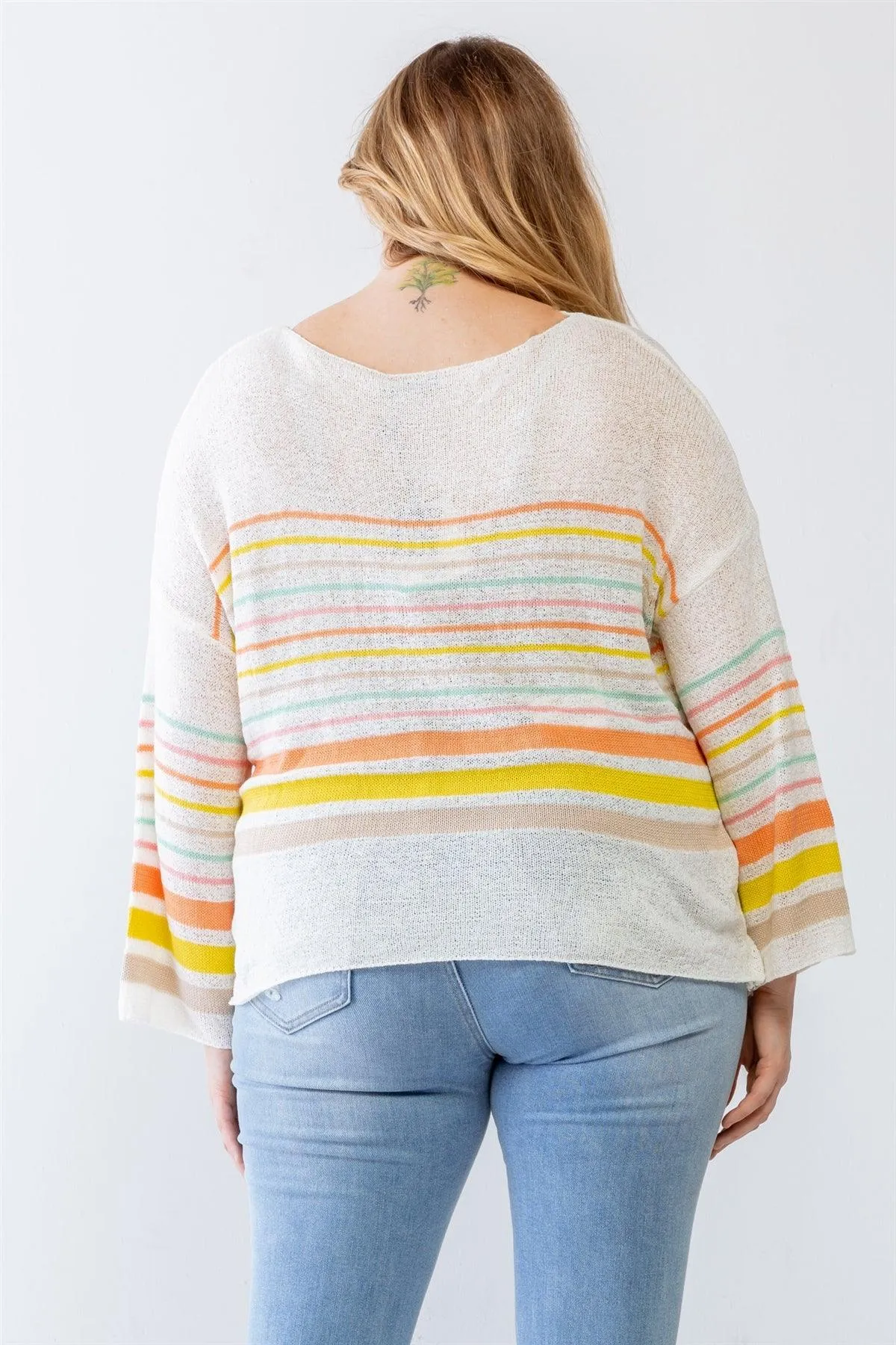 Plus Size Lightweight Striped Cotton Knit Sweater /3-2-1