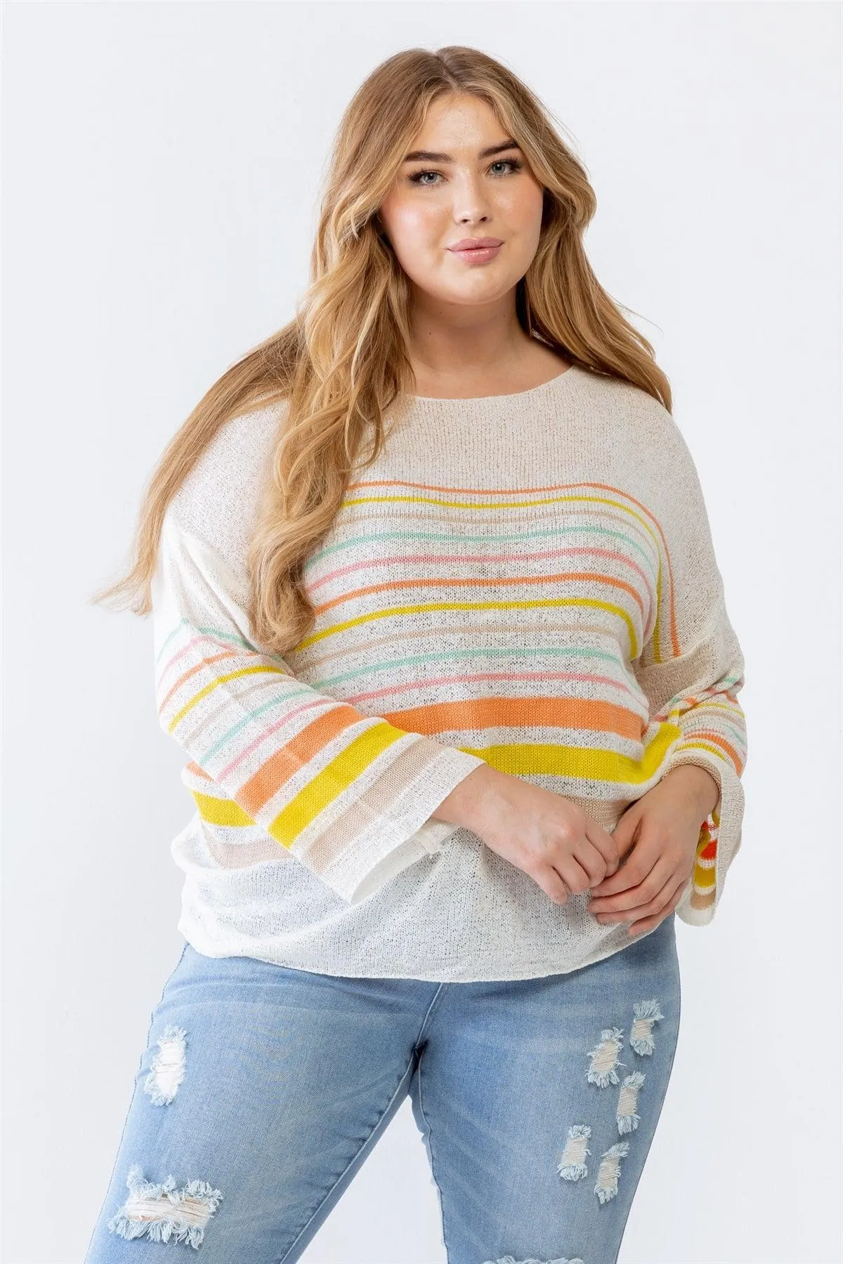 Plus Size Lightweight Striped Cotton Knit Sweater /3-2-1