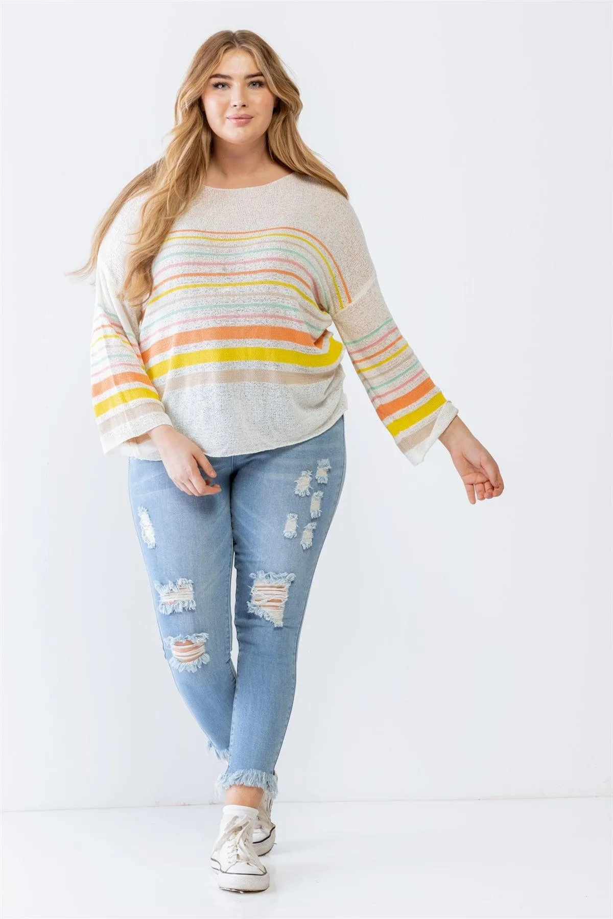 Plus Size Lightweight Striped Cotton Knit Sweater /3-2-1