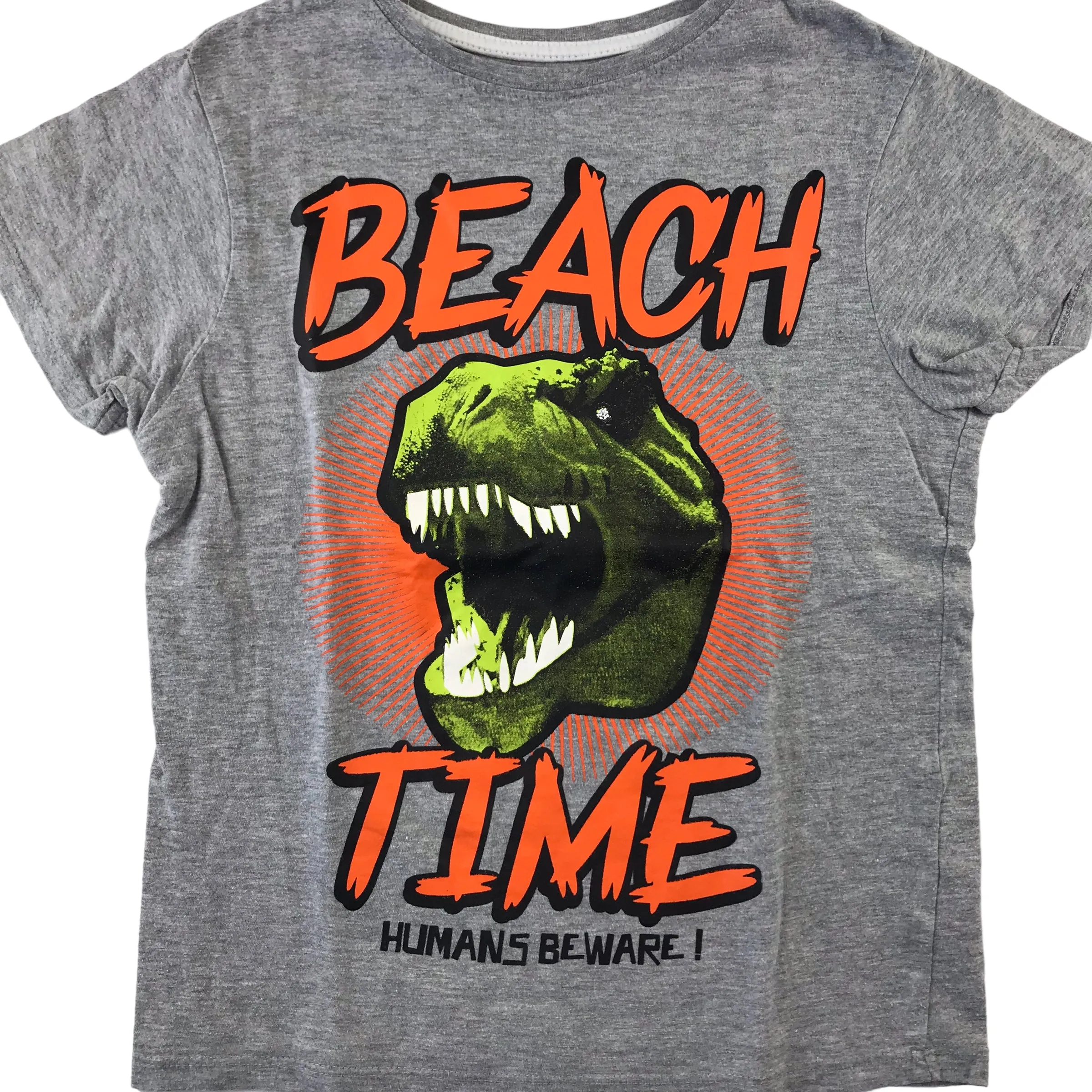 Primark t-shirt 7-8 years grey Beach Time T-rex short sleeve