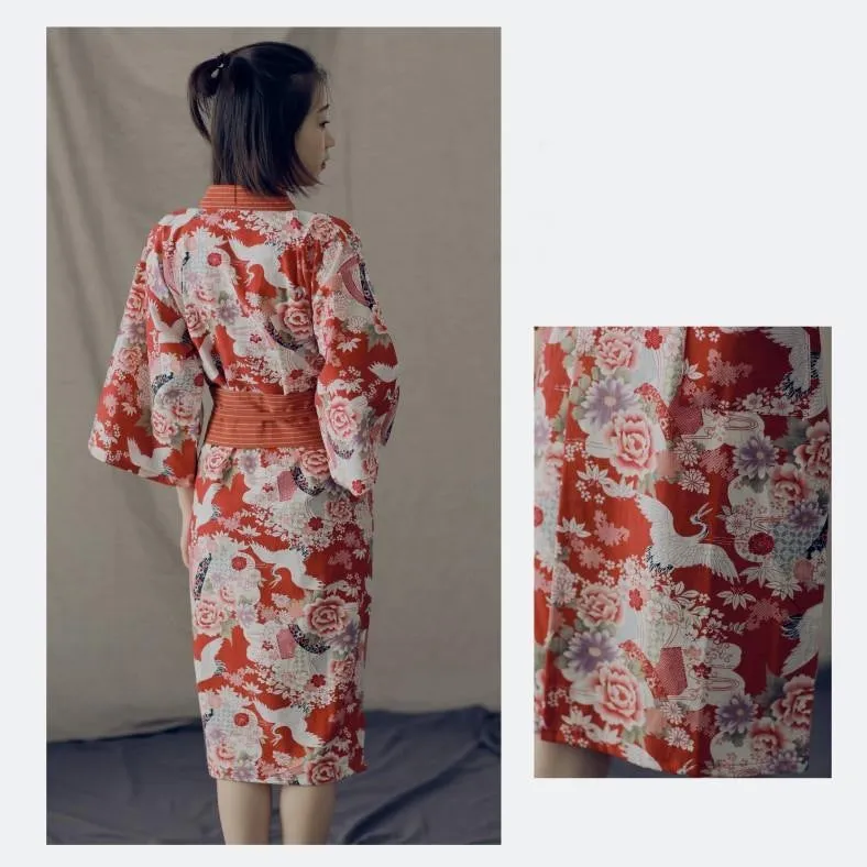 Red Crane Floral Women Casual Yukata