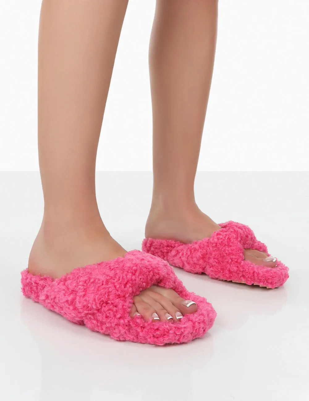 Slumber Pink Teddy Cross Over Strap Slippers