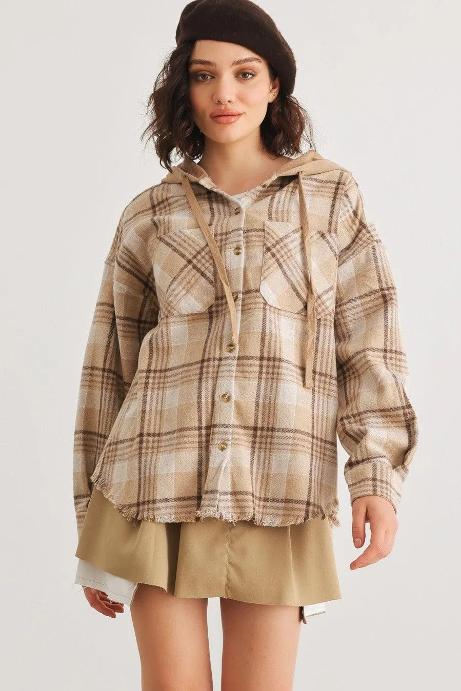 Taupe Scotch Plaid Button-Up Two Pocket Hooded Jacket /2-2-2