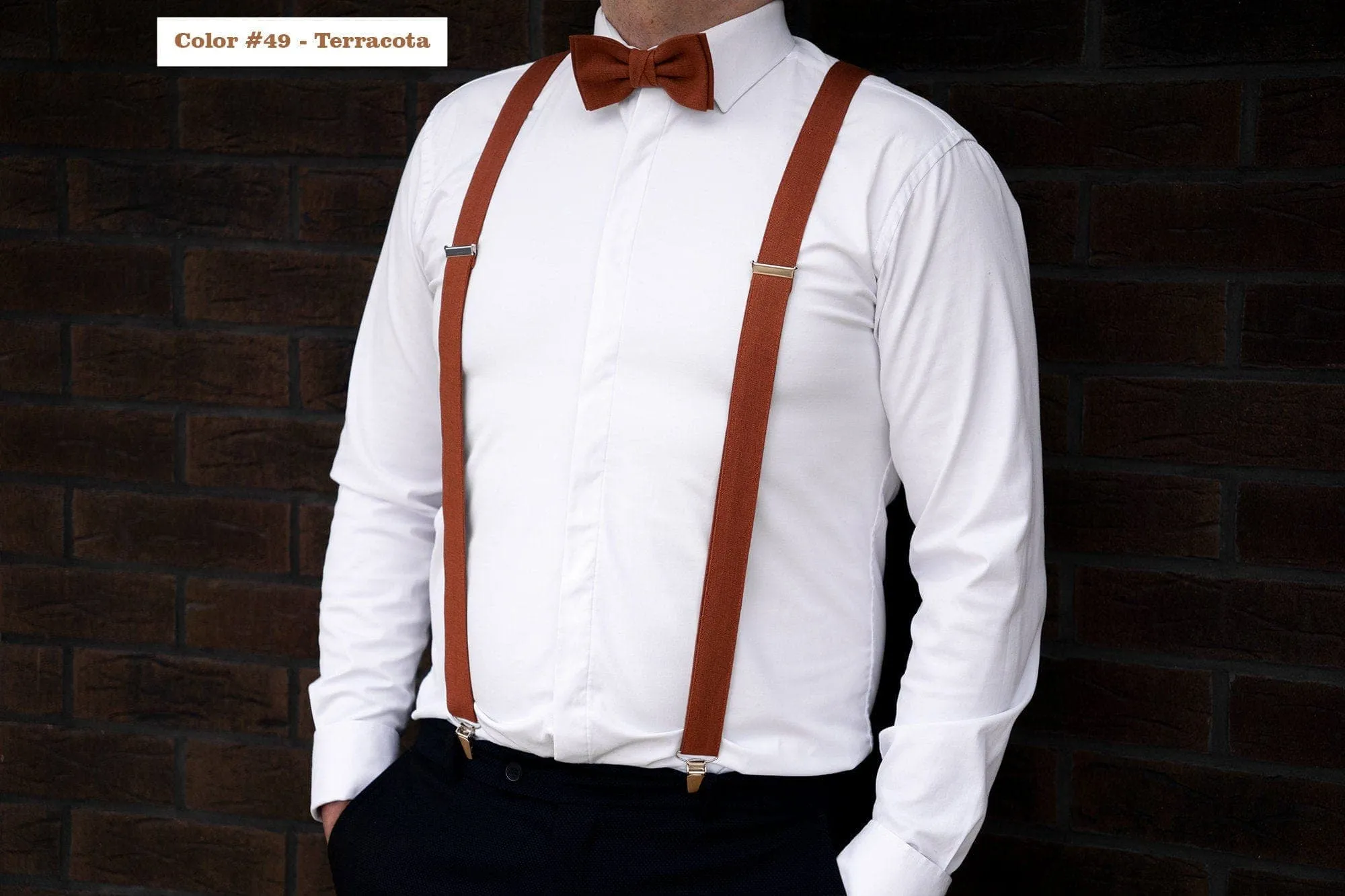 Terracotta Linen Bow Tie & Suspenders Set - Elegant Wedding Accessories for Groom, Groomsmen, and Father of the Bride