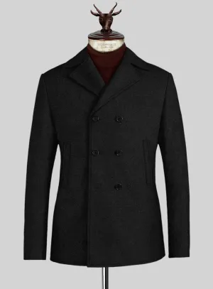 Vintage Plain Black Tweed Pea Coat